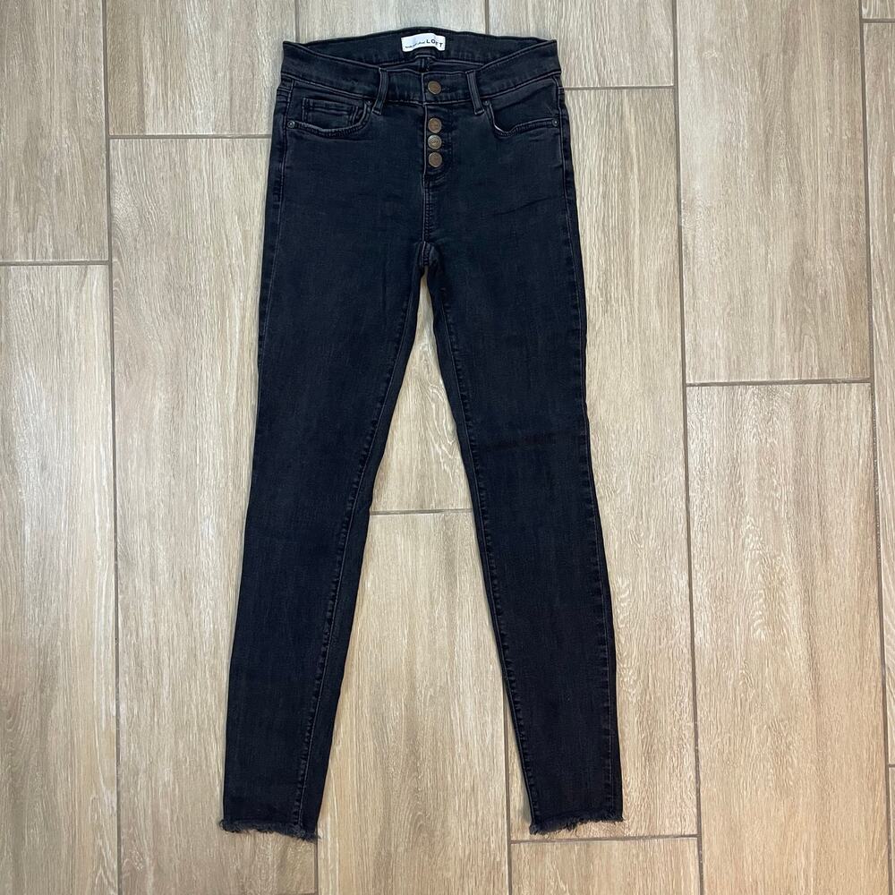 LOFT Women's Denim Button Fly Black Skinny Jeans Size 24 00 Frayed Raw Hem EUC
